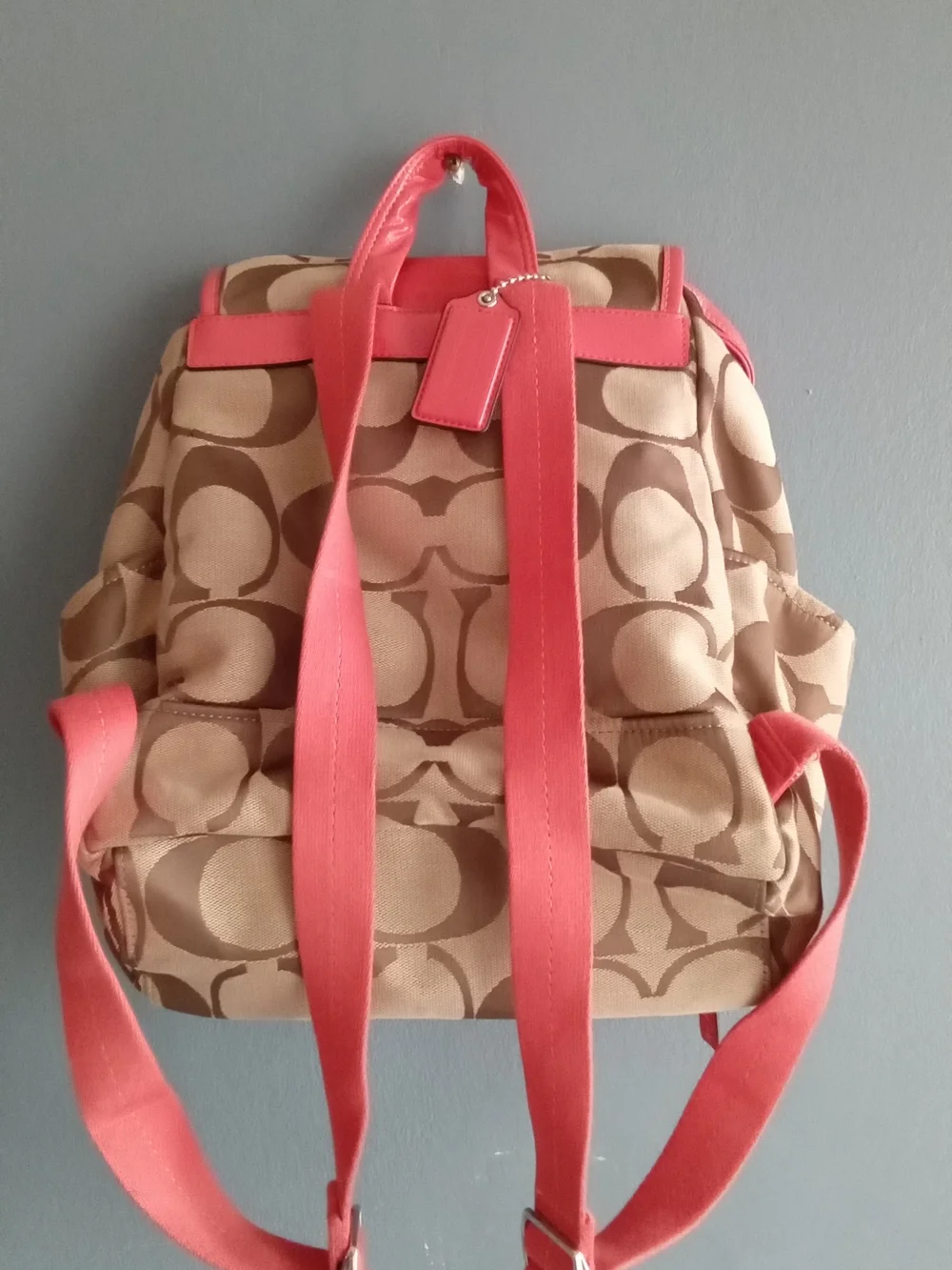 Coach Signature Jacquard Backpack Khaki Brown Coral Pink F1615-F21928 - Picture 2 of 5